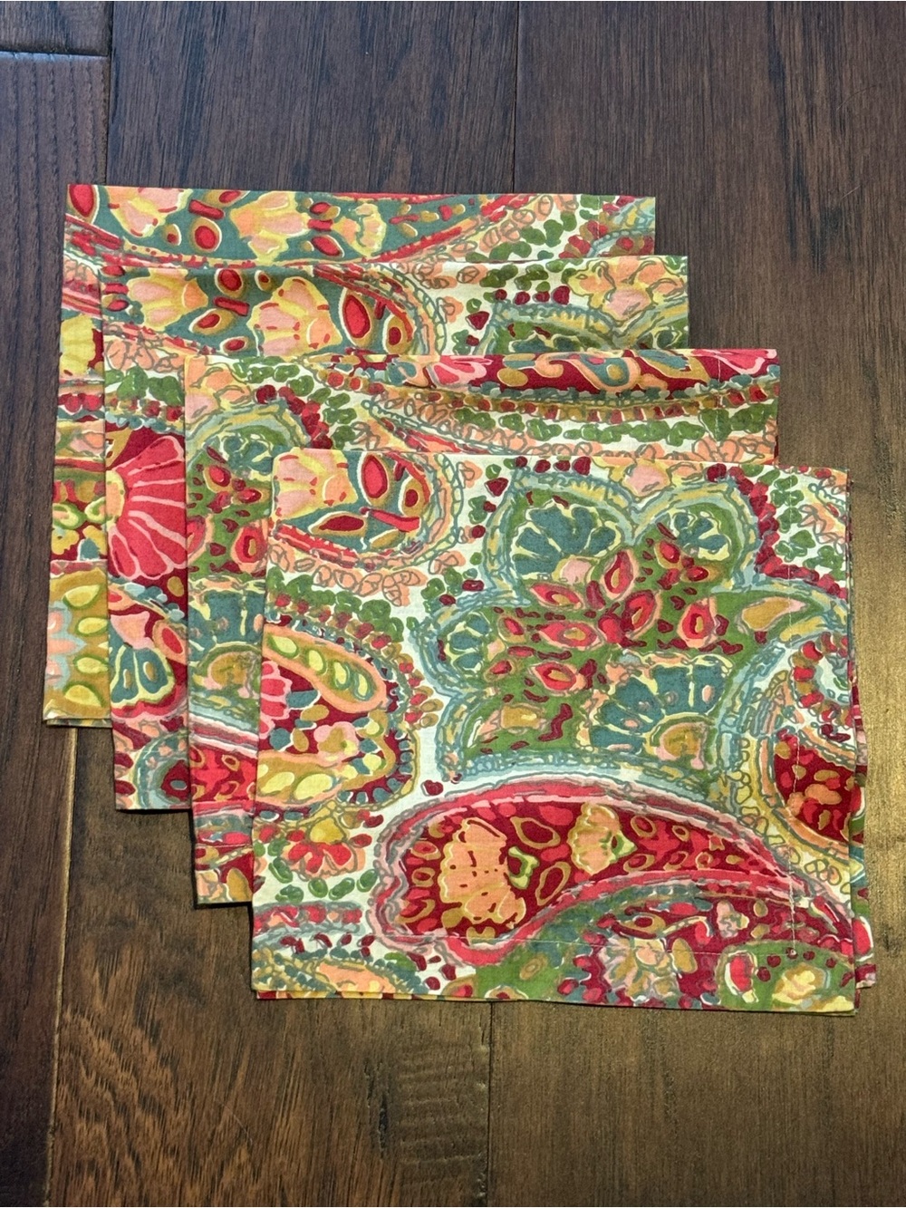 Pottery Barn Rosalie Warm Paisley Green/Red Cloth Napkins - Set of 4 (PB3)
